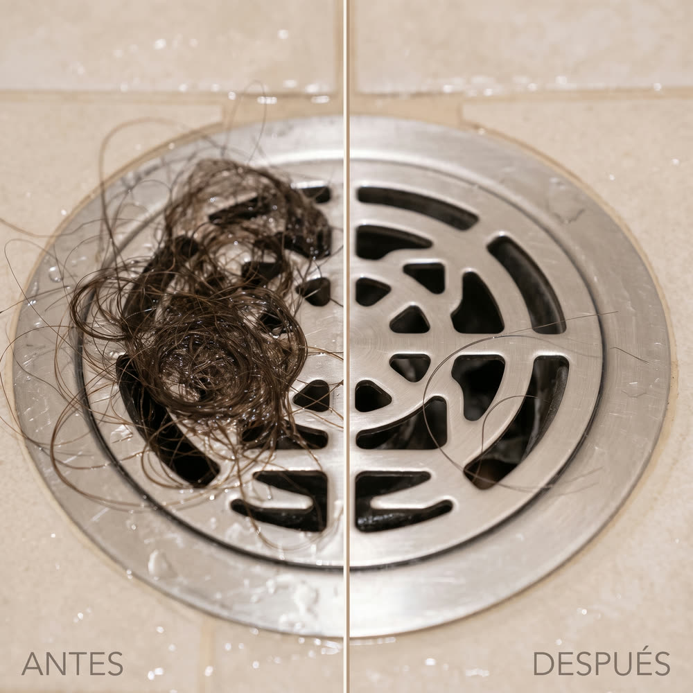 Desagüe de la ducha con mucho cabello y casi sin cabello
